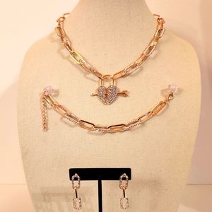 Rose Gold Austrian Crystal Paper Clip Link 3pc Necklace  Set